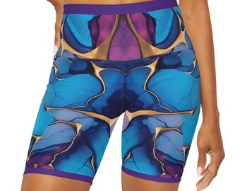 May include: Purple and blue athletic shorts with a gold and purple abstract pattern.