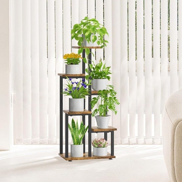 6 Tier Wood Metal Plant Stand Indoor | Plant Holder | Tall Plant Stand | Modern Plant Stand | Planter Stand | Housewarming Gift