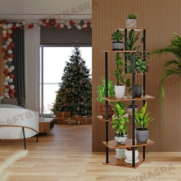 7 Tier Metal & Wood Plant Stand | Indoor Plant Stand | Plant Shelves | Tall Plant Stand | Corner Plant Stand | Plant Lover Gift