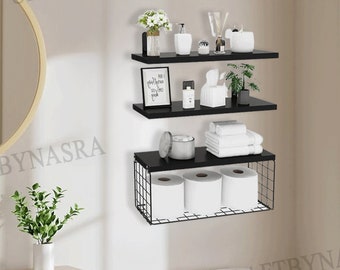 Set Of 3 Wooden Bathroom Shelves With Wire Basket | Rustic Shelves | Bathroom Shelves | Wall Shelves | Floating Shelves | Kitchen Shelves
