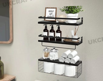 Set of 3 Wooden Floating Wall Shelves | Bathroom Shelves | Farmhouse Shelves | Bathroom Organizer | Over Toilet Storage | Kitchen Shelves