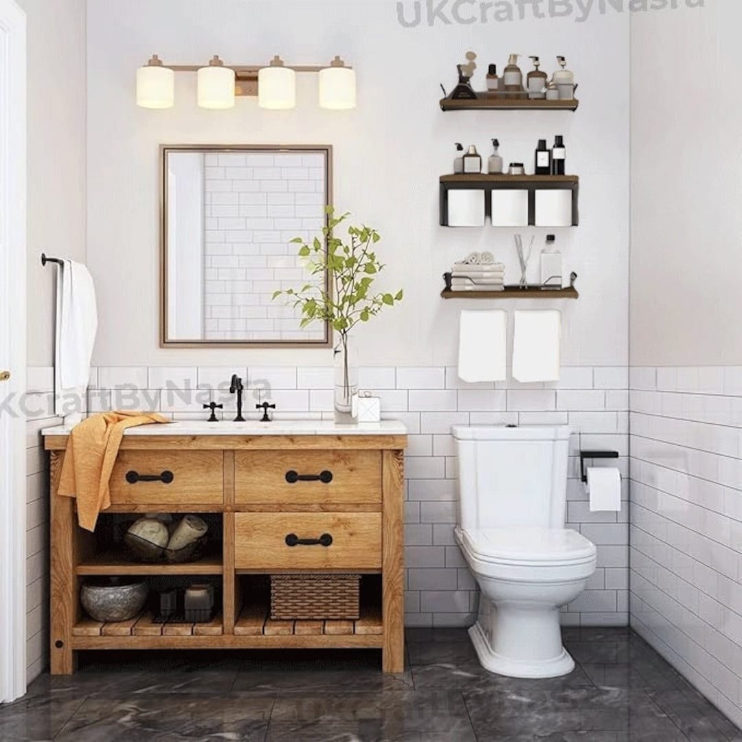 Handmade Set of 3 Wooden Bathroom Shelves With Storage Basket Wall ...