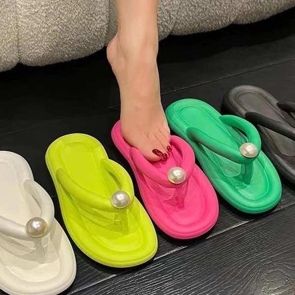 PearlPop Chic Summer Platform Sandals Unique Trendy Gift  Mother Grad Women Bride Stylish Cloud Cute Beach Pool Slides Pedicure Waterproof