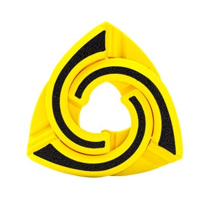 May include: A yellow triangular puzzle with black interlocking pieces. The puzzle is made of plastic and has a textured surface.