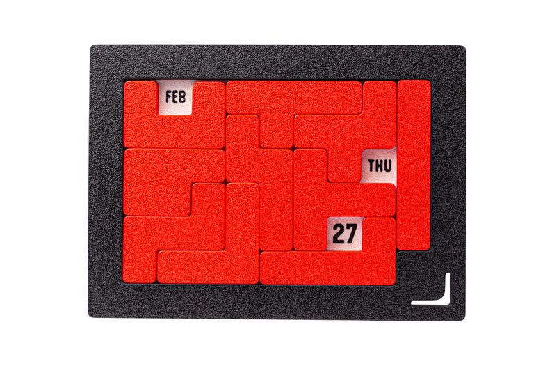 Op de afbeelding: Rode en zwarte kalenderpuzzel met de datum 27 februari, donderdag.