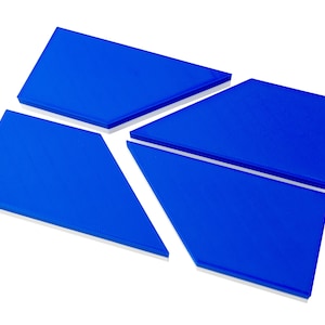 May include: Four bright blue, geometric shapes with a textured surface are arranged against a white background. The shapes are angled and appear to be made of a rigid material, possibly cardboard or plastic.