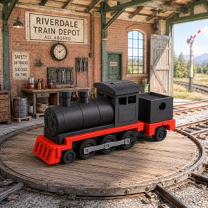 May include: A black and red toy train sits on a wooden turntable in a train depot. The train has a black engine and a red base. The depot has a brick wall with a sign that reads "Riverdale Train Depot".