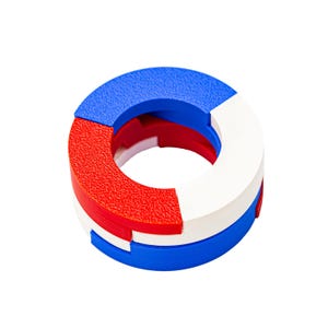 May include: A multi-colored puzzle toy with a circular design. The toy is composed of three stacked rings in red, white, and blue. Each ring is divided into three sections, creating a textured surface.