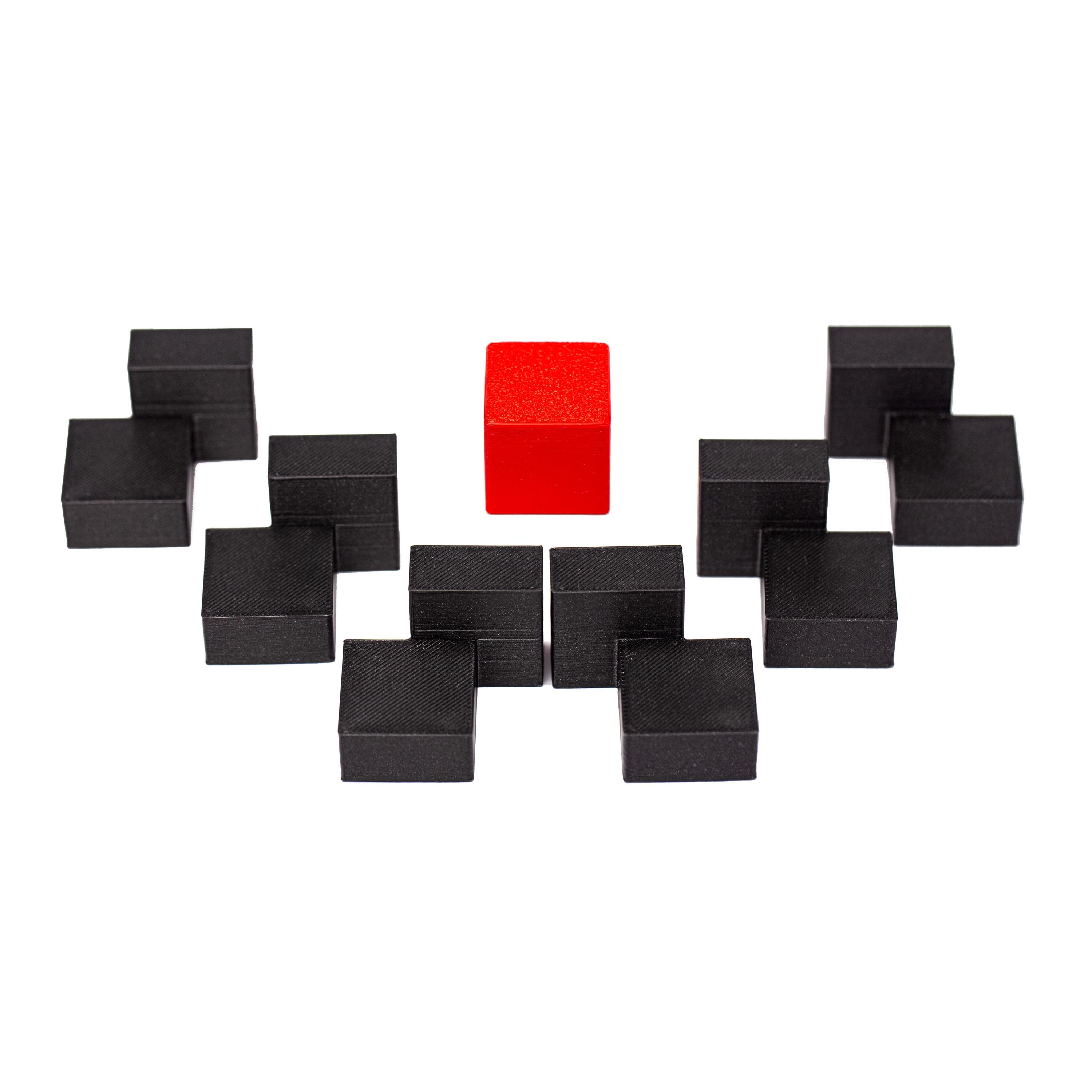 Surround the red cube with 6 black pieces. Surround puzzle.