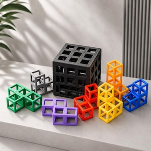May include: A selection of colourful geometric cube puzzles. The set includes a large black cube and several smaller cubes in green, grey, purple, red, orange, yellow, and blue. The cubes are arranged on a light grey surface.