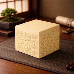 Puede incluir: Una caja cuadrada de color beige claro con tapa. Los lados de la caja presentan un intrincado patrón floral repetitivo. La caja está sobre una esterilla marrón oscuro, con un bonsái y un pergamino en el fondo.