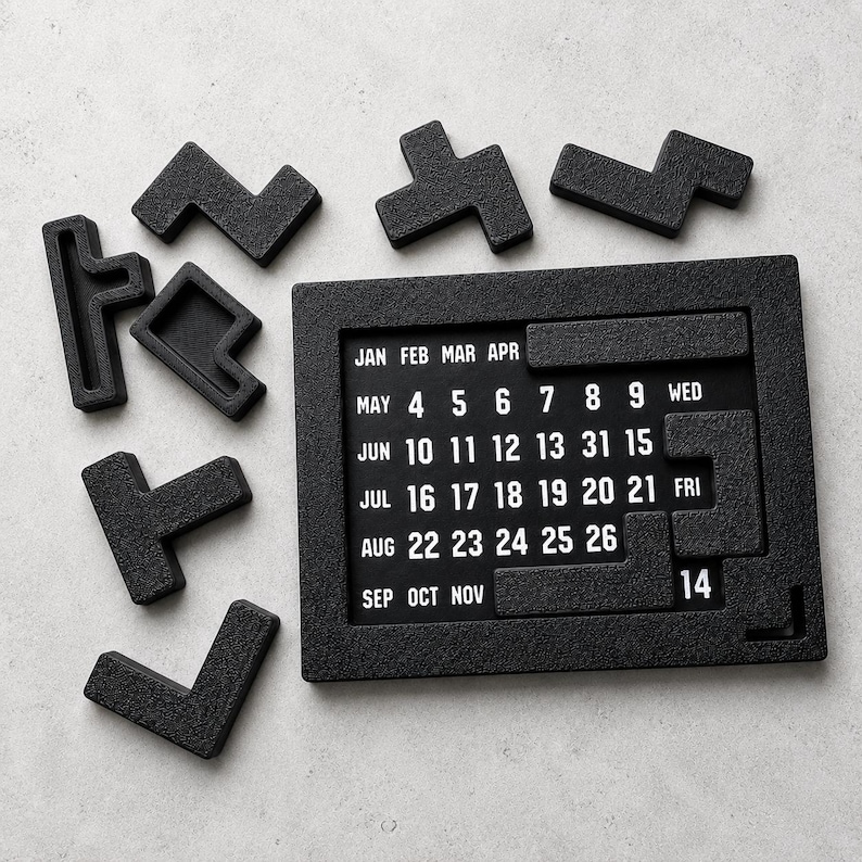 Kalenderpuzzel van PuzzleguyStore - 7 jaar dagelijkse kalenderpuzzel voor volwassenen - 3D-geprinte spellen en puzzels cadeau voor hem - inpakpuzzel Full Black