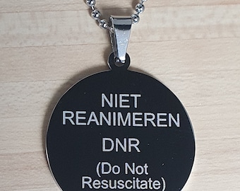 Niet reanimeren penning zonder persoonsgegevens, edelstaal/RVS, met internationale DNR-aanduiding (Do Not Resuscitate), incl. ketting.