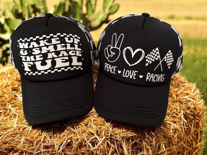Race Day Trucker Hats, Peace, Love, Racing, Wake up and Smell the ...