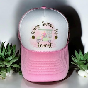 Swing Swear Sip Repeat Trucker Hat | Women’s Golf Hat | Funny Golf Cap | Pink Golf Trucker Hat | Golf Gifts for Women