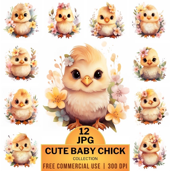 12 Cute Baby Chick Clipart, High-Quality JPG, Watercolor Animal Design Illustration Nursery Calendar, Commercial Use, Digital Download