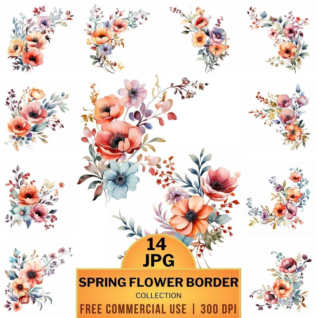14 Watercolor Spring Flower Border Clipart High-quality JPG - Etsy