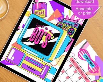 Ultieme afdrukbare planner met jaren 80-thema | Dag-, week-, maand- en jaarpagina's | Retro opberger pdf | Direct downloaden