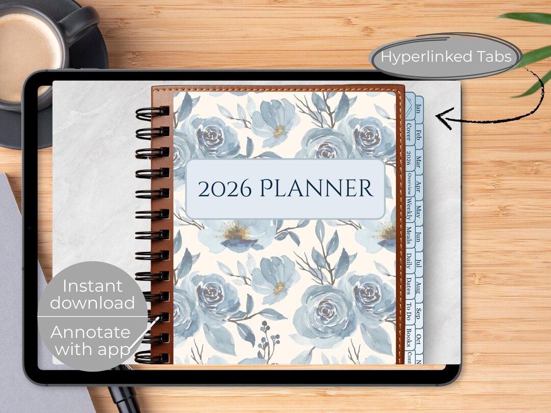 2026 Digital Planner | English Blue Roses | Hyperlinked Planner for ...