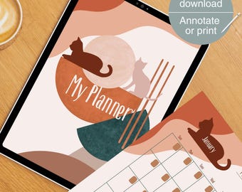 May include: A digital planner displayed on a tablet, featuring a cat design and the words "My Planner." The design includes abstract shapes in shades of brown, peach, and teal. A calendar page with the month of January is also visible.