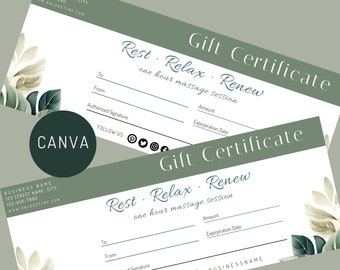 Instant Download, Massage Gift Certificate, Relaxation, Self Care, Birthday Coupon, Green, Spa Coupon, Wellness Gift, Gift for her, MT-G001