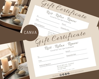 Spa Day Coupon, Editable Gift Card, Spa Treatment, Birthday Gift, Instant Download, Gift Certificate Beige, Relaxation Gift Voucher, SD-B003