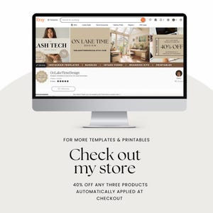 Op de afbeelding: Een computermonitor toont een Etsy-winkelpagina. De banner van de winkel luidt "ON LAKE TIME DESIGN" en biedt Instagram-sjablonen, bundels en branding-kits aan. Tekst eronder zegt "Check out my store" en "40% off any three products."