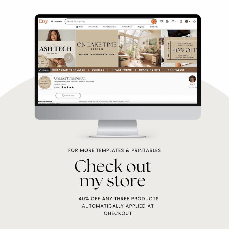 Op de afbeelding: Een computermonitor toont een Etsy-winkelpagina. De banner van de winkel luidt "ON LAKE TIME DESIGN" en biedt Instagram-sjablonen, bundels en branding-kits aan. Tekst eronder zegt "Check out my store" en "40% off any three products."