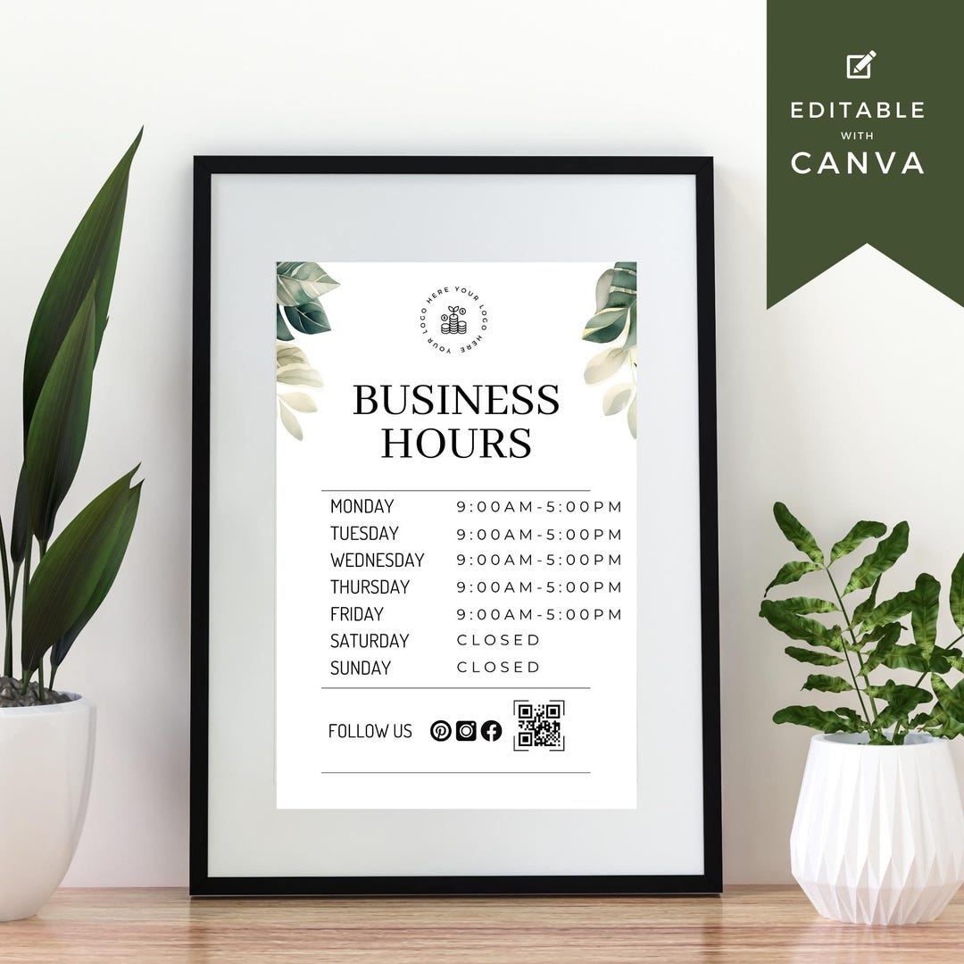 Receiving Hours Sign Editable Editable Business Hours Sign Template | Canva Hours Sign | Printable ...