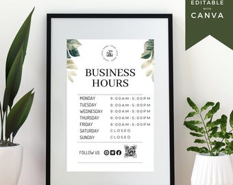 Editable Business Hours Sign Template | Canva  Hours Sign | Printable Store Hours Sign | Small Business Window Decal | Salon Spa Shop Sign