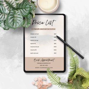May include: A digital tablet displaying a price list for lash extensions. The list includes prices for classic full set, classic fill, hybrid full set, hybrid fill, volume full set, volume fill, and lash removal. The text "Book Appointment" is displayed below the price list, along with a website address and phone number.