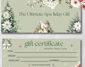 Christmas Gift Certificate Template, Editable Christmas Coupon, Personalized Voucher, Printable Gift, For her, Spa Gift, Wellness Gift, GC-C