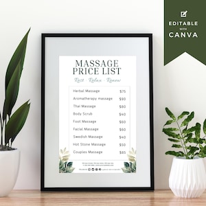 Op de afbeelding: Een ingelijste massageprijslijst in een zwart frame. De lijst bevat verschillende soorten massages en prijzen, zoals kruidenmassage voor &euro;75 en koppelsmassage voor &euro;85. De woorden "Rest, Relax, Renew" zijn cursief geschreven.