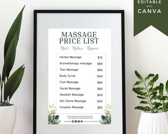 Massage Service List Template, Editable Spa Menu, Printable Price Sheet, Canva Salon Marketing Sign, Wellness Printable, Holistic Flyer