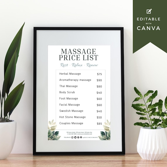 Massage Service List Template, Editable Spa Menu, Printable Price Sheet, Canva Salon Marketing Sign, Wellness Printable, Holistic Flyer