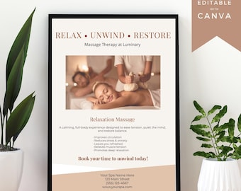 Massage Flyer Template Editable Canva, Spa Flyer Template, Relaxation Massage Flyer, Beauty Salon Marketing, Printable 8.5x11, Spa Sign