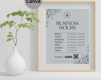 Business Hours, Salon Opening Times, Company Signage, Store Hours, Printable Sign, Working Hours Shop Sign, Instant Download, Canva BH-GL