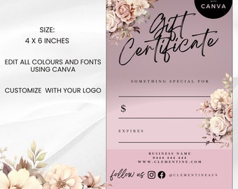 Pink Floral Gift Certificate, Editable Canva Template, Small Business, Gift Card, Birthday, Voucher Template, Instant Download, GC-PF010