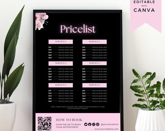 Black & Pink Salon Menu, Price List Hair Stylist Template, Service Menu, Yoga Studio, Instant Download, Wigs, Lash Tech, Spa Decor, PL-BP