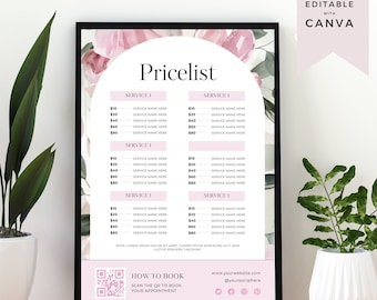 Light Pink Floral Editable Price List, Instant Download, Salon Sign, Lash Tech Sign, Price List Template, Canva Price Sheet, Spa Sign,PL-PLF