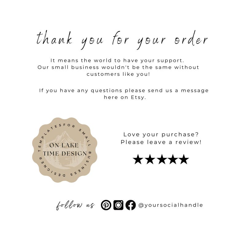 Op de afbeelding: Een witte kaart met de handgeschreven tekst 'thank you for your order'. De kaart bevat een logo voor kleine bedrijven, een bedankbericht en social media-pictogrammen.