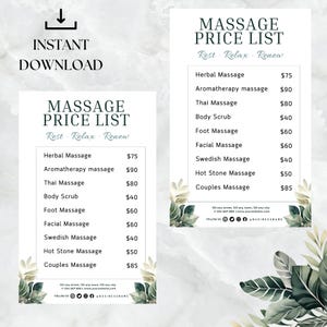 Op de afbeelding: Twee sjablonen voor massageprijslijsten met een marmeren achtergrond en botanische accenten. De lijsten bevatten massagetypes en prijzen. De woorden "Direct downloaden" en een downloadpictogram staan bovenaan. De tekst "Massageprijslijst" staat bovenaan.