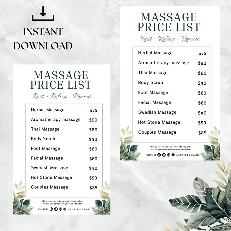 Op de afbeelding: Twee sjablonen voor massageprijslijsten met een marmeren achtergrond en botanische accenten. De lijsten bevatten massagetypes en prijzen. De woorden "Direct downloaden" en een downloadpictogram staan bovenaan. De tekst "Massageprijslijst" staat bovenaan.