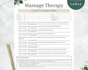 Massage Client Intake Form, Editable Spa Health History Sheet, Printable Wellness Consultation Form, Canva Therapy Template, Holistic Spa