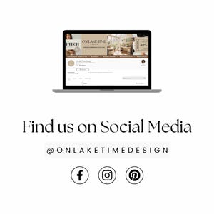 Op de afbeelding: Een laptop met een Etsy-winkel, met de tekst "ON LAKE TIME DESIGN" en social media-pictogrammen voor Facebook, Instagram en Pinterest. De zin "Find us on Social Media" is ook zichtbaar.