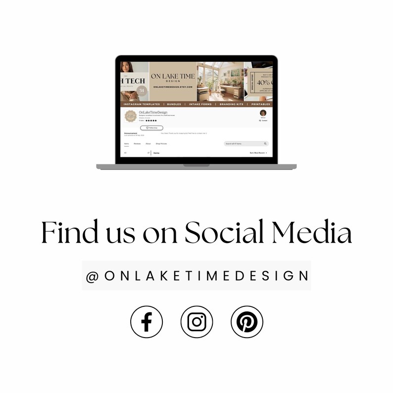 Op de afbeelding: Een laptop met een Etsy-winkel, met de tekst "ON LAKE TIME DESIGN" en social media-pictogrammen voor Facebook, Instagram en Pinterest. De zin "Find us on Social Media" is ook zichtbaar.