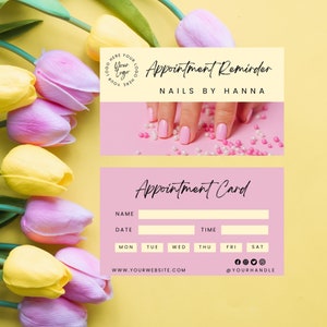 Tecnologia de unhas, download instantâneo, cartão de consulta rosa, cartão de consulta DIY, cartão de lembrete, cartão de próxima consulta para salão de beleza, PY-011