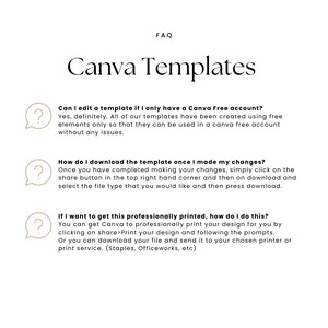 Op de afbeelding: Een witte afbeelding met de tekst "FAQ" bovenaan, gevolgd door "Canva Templates". Hieronder staan drie vragen met antwoorden over het bewerken en downloaden van sjablonen en afdrukopties.