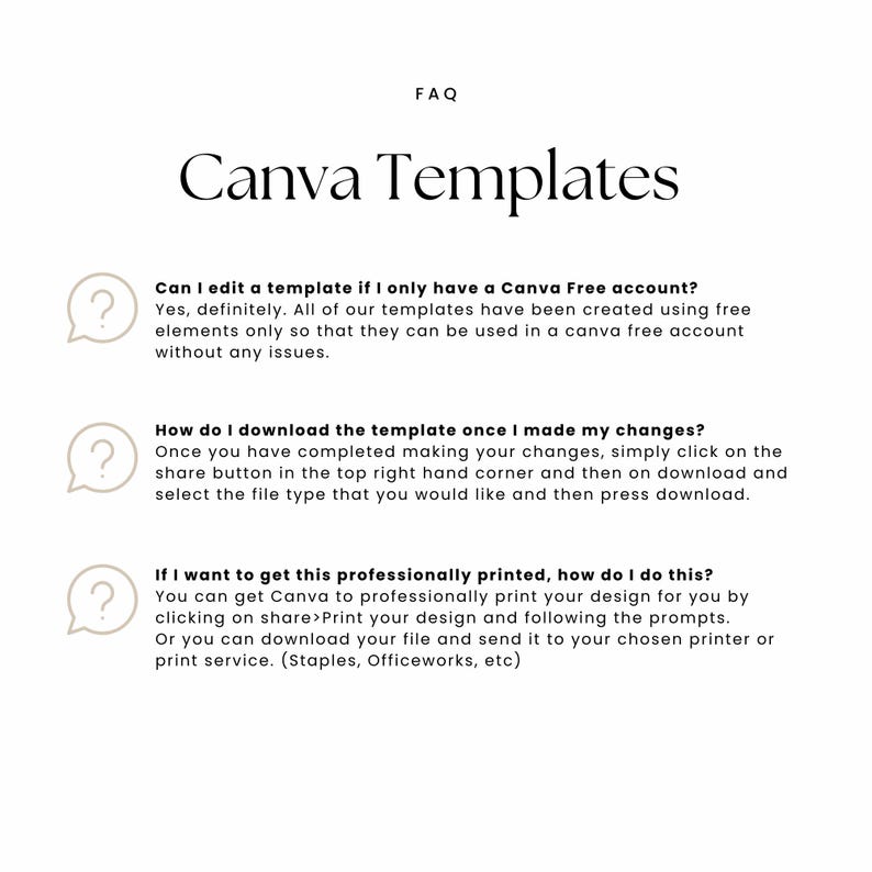 Op de afbeelding: Een witte afbeelding met de tekst "FAQ" bovenaan, gevolgd door "Canva Templates". Hieronder staan drie vragen met antwoorden over het bewerken en downloaden van sjablonen en afdrukopties.