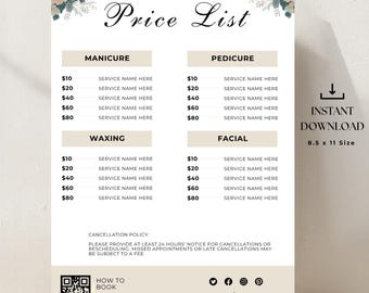 Boho Price List Template Canva | Editable Salon Menu | Spa Services List | Beauty Price Sheet | Esthetician Menu | Neutral Floral Design